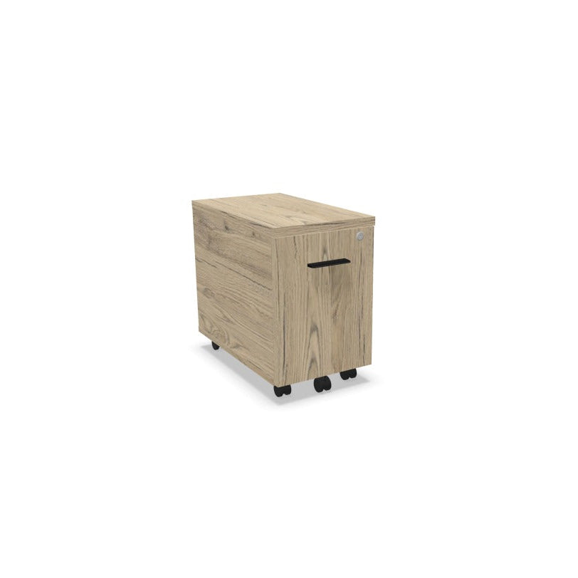 Melina Compact Mobile Pedestal from EOL with one lockable box drawer, featuring small dimensions, casters, and customizable Black or White handles for discreet under-desk storage brunswick oak and black handle 