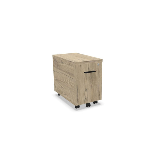 Melina Compact Mobile Pedestal from EOL with one lockable box drawer, featuring small dimensions, casters, and customizable Black or White handles for discreet under-desk storage brunswick oak and black handle 
