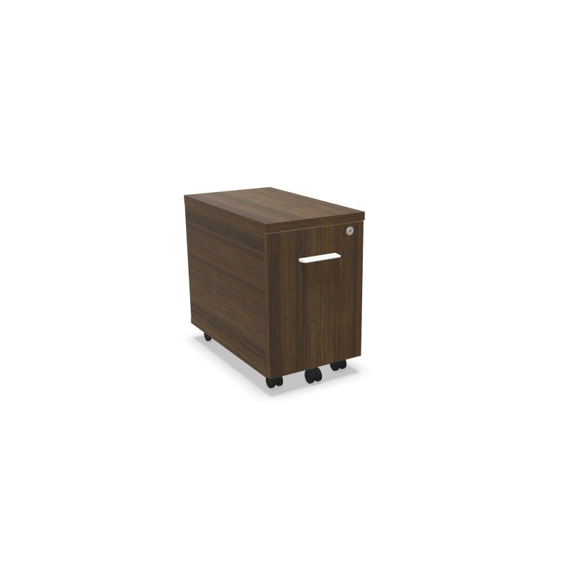 Melina Compact Mobile Pedestal from EOL with one lockable box drawer, featuring small dimensions, casters, and customizable Black or White handles for discreet under-desk storage dark walnut white handle