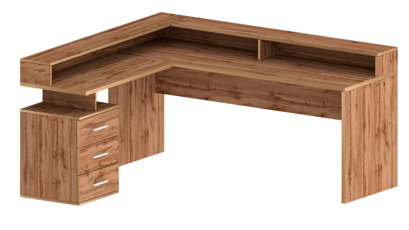NEW SELINA Corner Desk by Web Furniture. This space-efficient desk is designed to fit into corners and includes an elevated monitor stand for improved ergonomics and desktop organization. Back view. Wotan oak.
