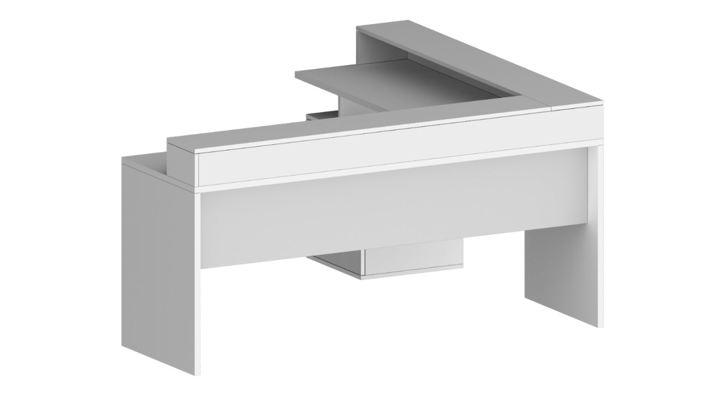 NEW SELINA Corner Desk by Web Furniture. This space-efficient desk is designed to fit into corners and includes an elevated monitor stand for improved ergonomics and desktop organization. Front view, glossy white.