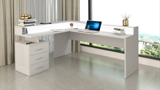 NEW SELINA Corner Desk by Web Furniture. This space-efficient desk is designed to fit into corners and includes an elevated monitor stand for improved ergonomics and desktop organization. Glossy white.