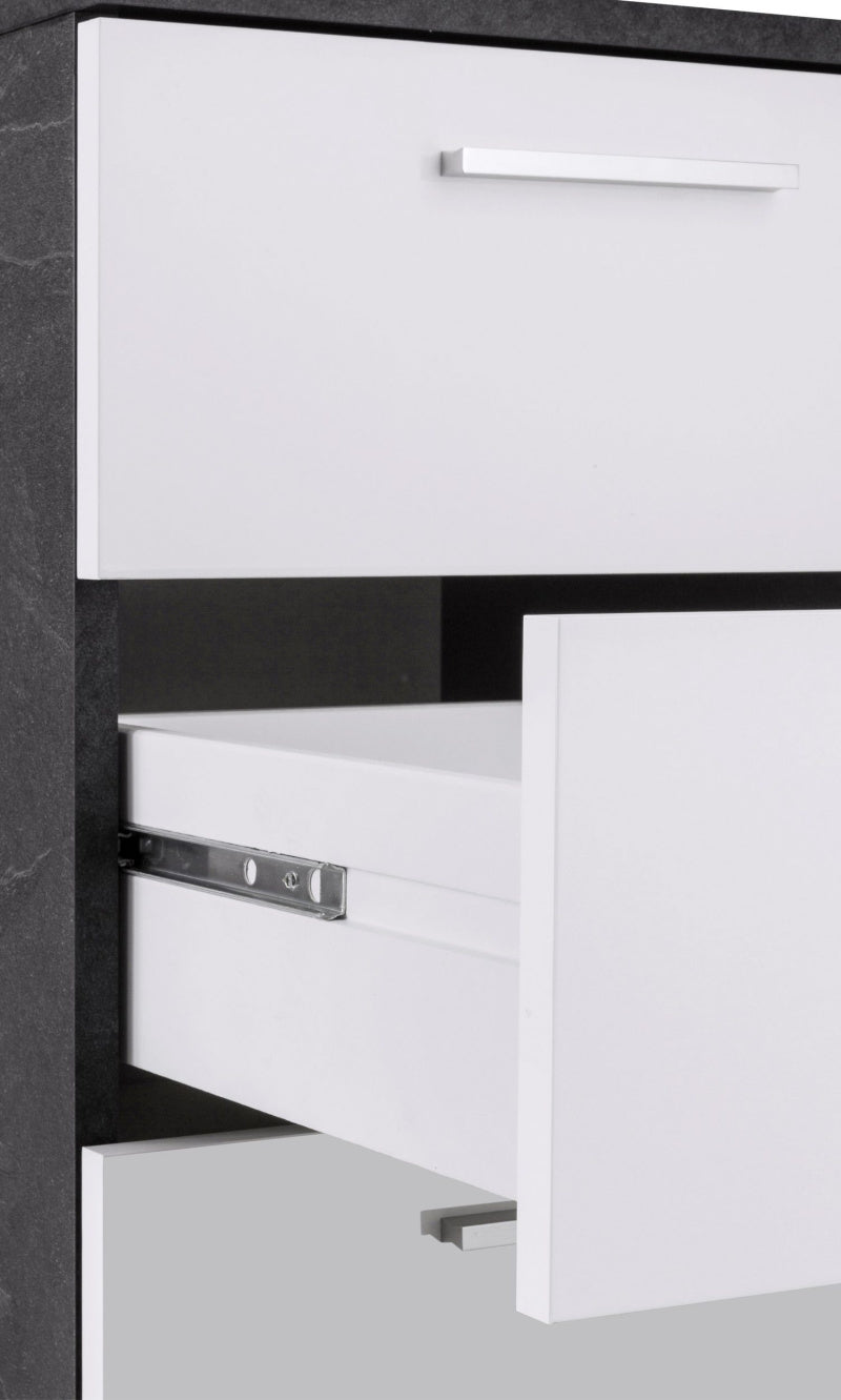 NEW SELINA Corner Desk by Web Furniture. This space-efficient desk is designed to fit into corners and includes an elevated monitor stand for improved ergonomics and desktop organization. Open drawer.