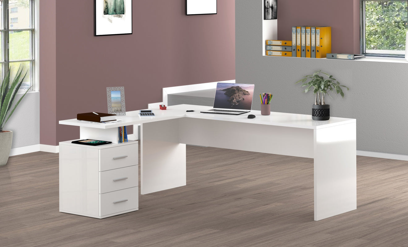 NEW SELINA Corner Desk by Web Furniture. This triangular or L-shaped desk design maximizes space efficiency by fitting neatly into room corners, ideal for small home or professional offices. Glossy white.