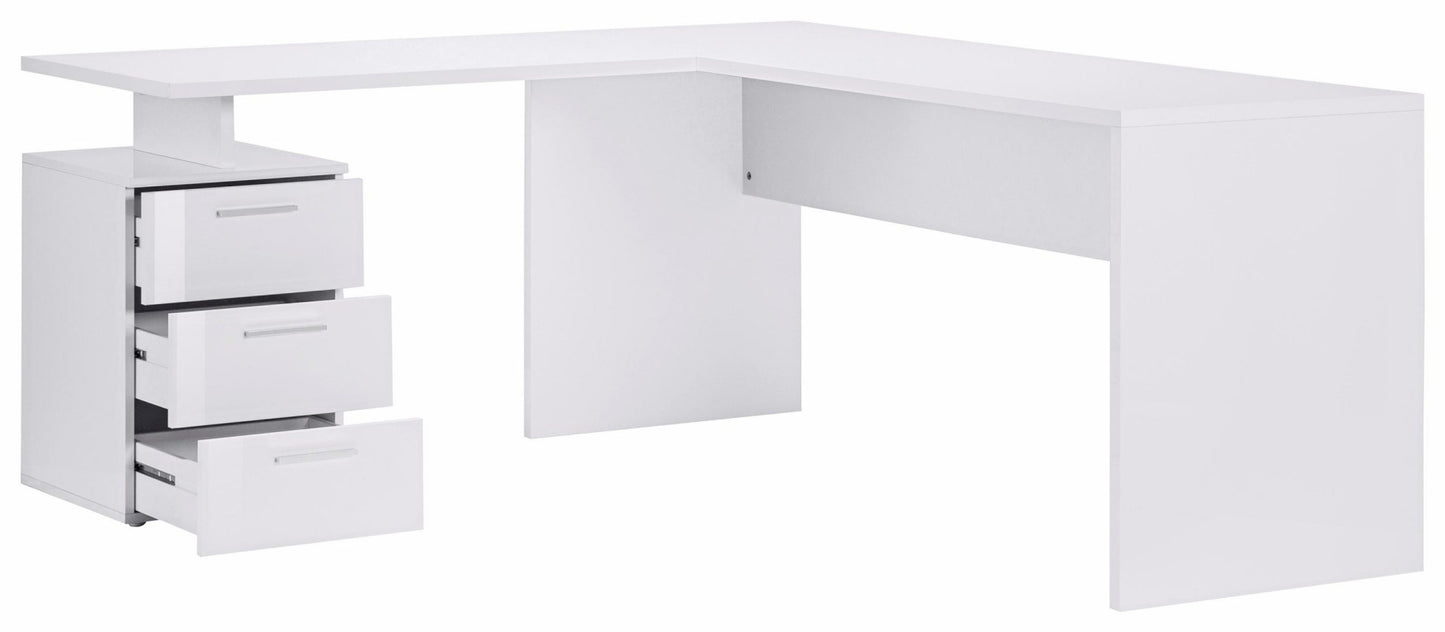 NEW SELINA Corner Desk by Web Furniture. This triangular or L-shaped desk design maximizes space efficiency by fitting neatly into room corners, ideal for small home or professional offices. Open drawers. Glossy white.