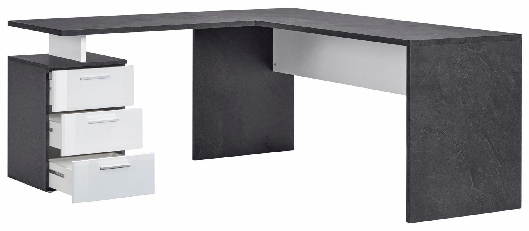 NEW SELINA Corner Desk by Web Furniture. This triangular or L-shaped desk design maximizes space efficiency by fitting neatly into room corners, ideal for small home or professional offices. Open drawers. White and report.