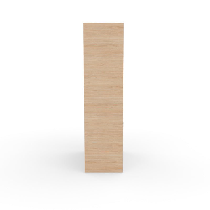 Grande armoire de bureau Kara 179 cm finition Chêne Naturel avec portes coulissantes et 6 espaces ouverts. Vue de cote