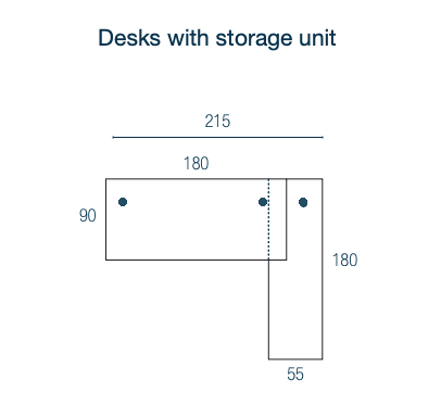 Schéma technique illustrant les dimensions du bureau de direction d'angle Kara 180 cm avec son meuble de rangement latéral intégré de 180 cm.