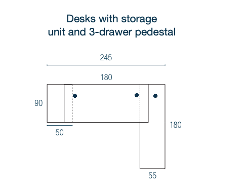 Schéma détaillant les dimensions du bureau de direction d'angle Kara, illustrant l'agencement vu de haut du plateau, du caisson à 3 tiroirs et du meuble de rangement intégré.