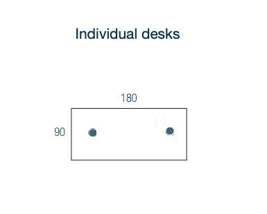 Schéma technique détaillant les dimensions du bureau de direction rectangulaire Kara 180 x 90 cm avec l'emplacement des passages de câbles.