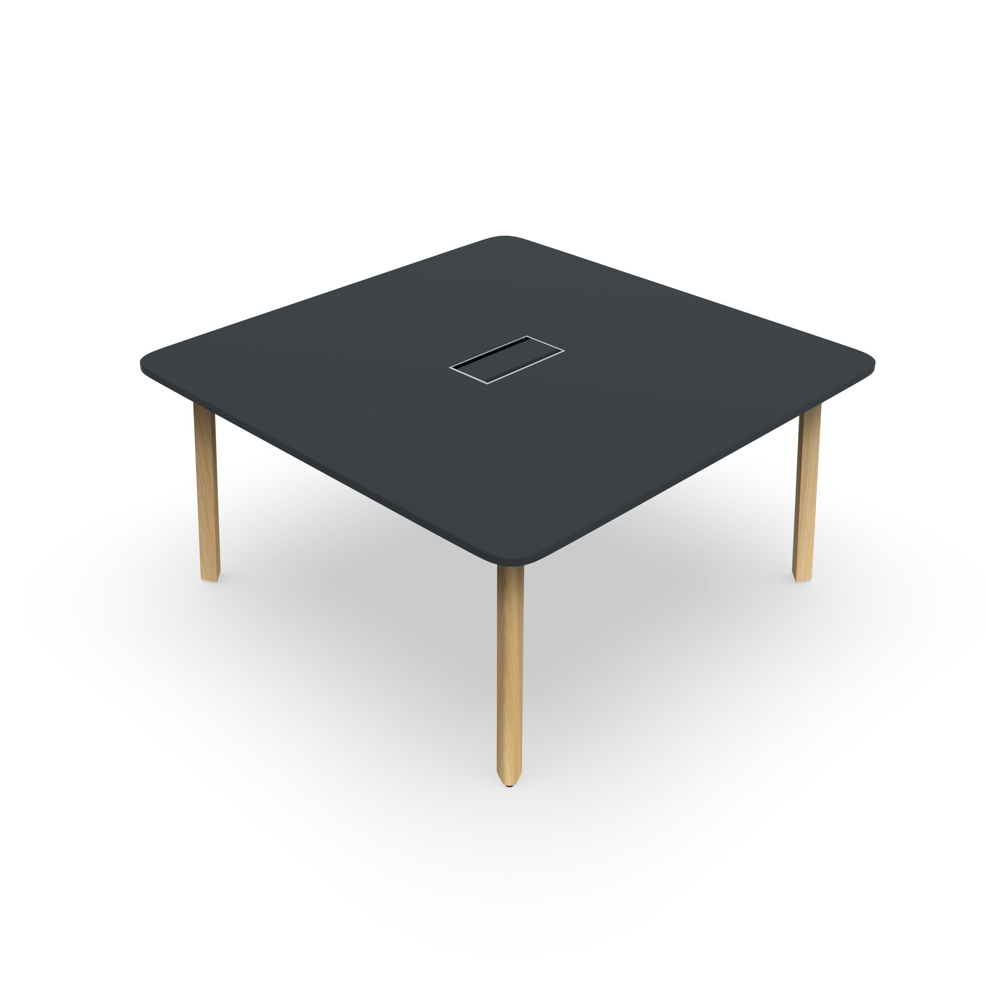 Table de réunion carrée Karl 150x150 cm avec plateau en mélamine finition Bois Noir, intégrant une trappe d'électrification.