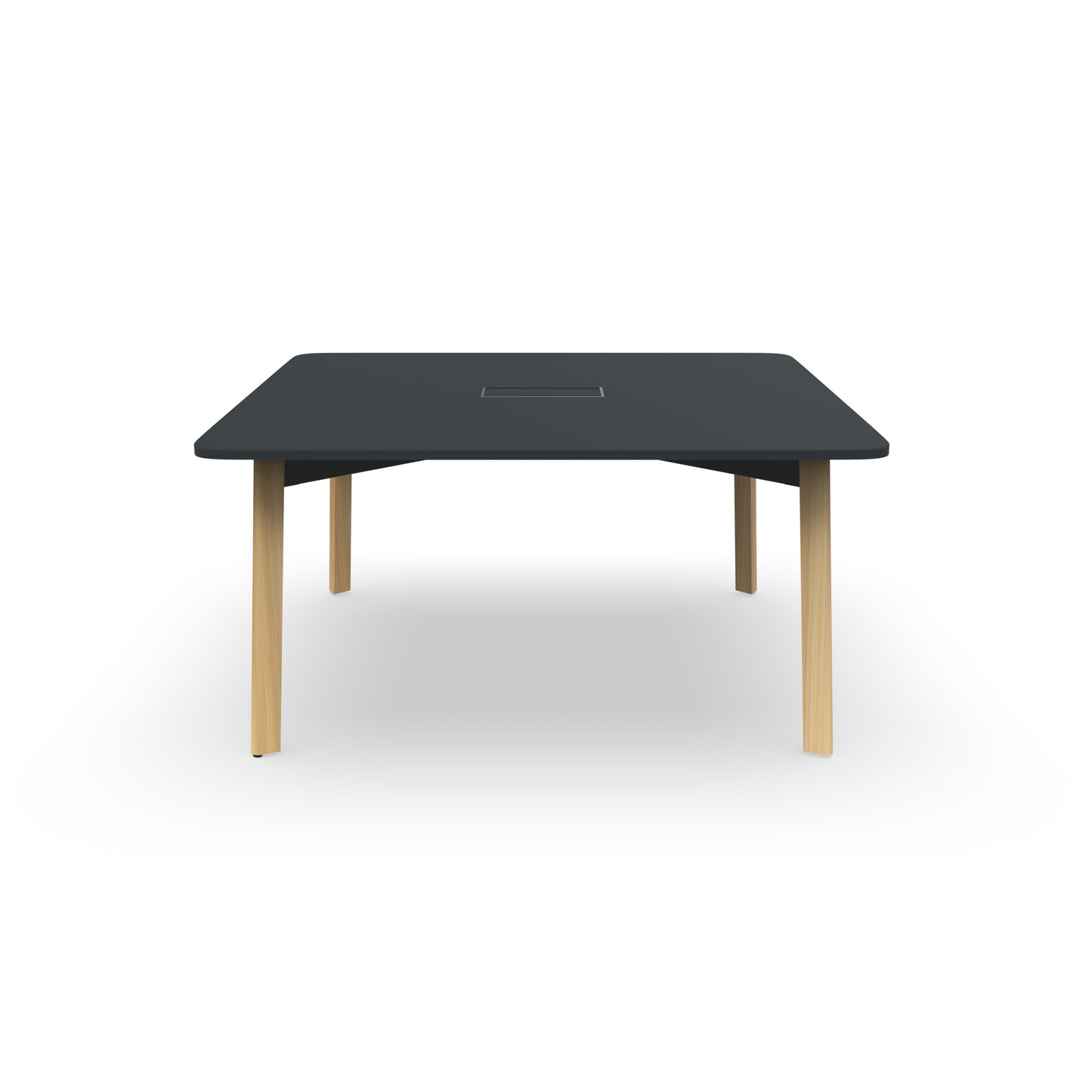 Table de réunion carrée Karl 150x150 cm avec plateau en mélamine finition Bois Noir, intégrant une trappe d'électrification. Vue de face