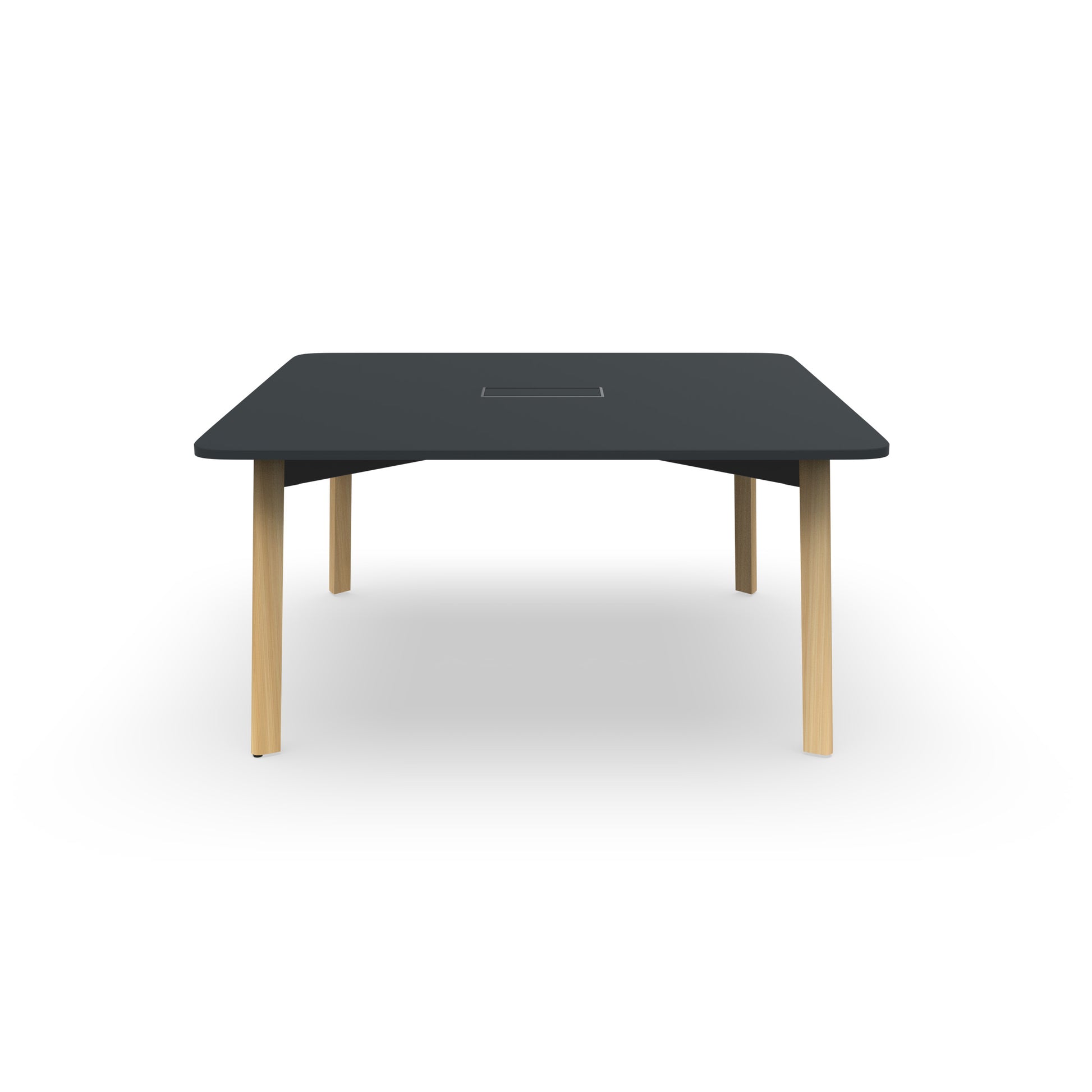 Table de réunion carrée Karl 150x150 cm avec plateau en mélamine finition Bois Noir, intégrant une trappe d'électrification. Vue de face