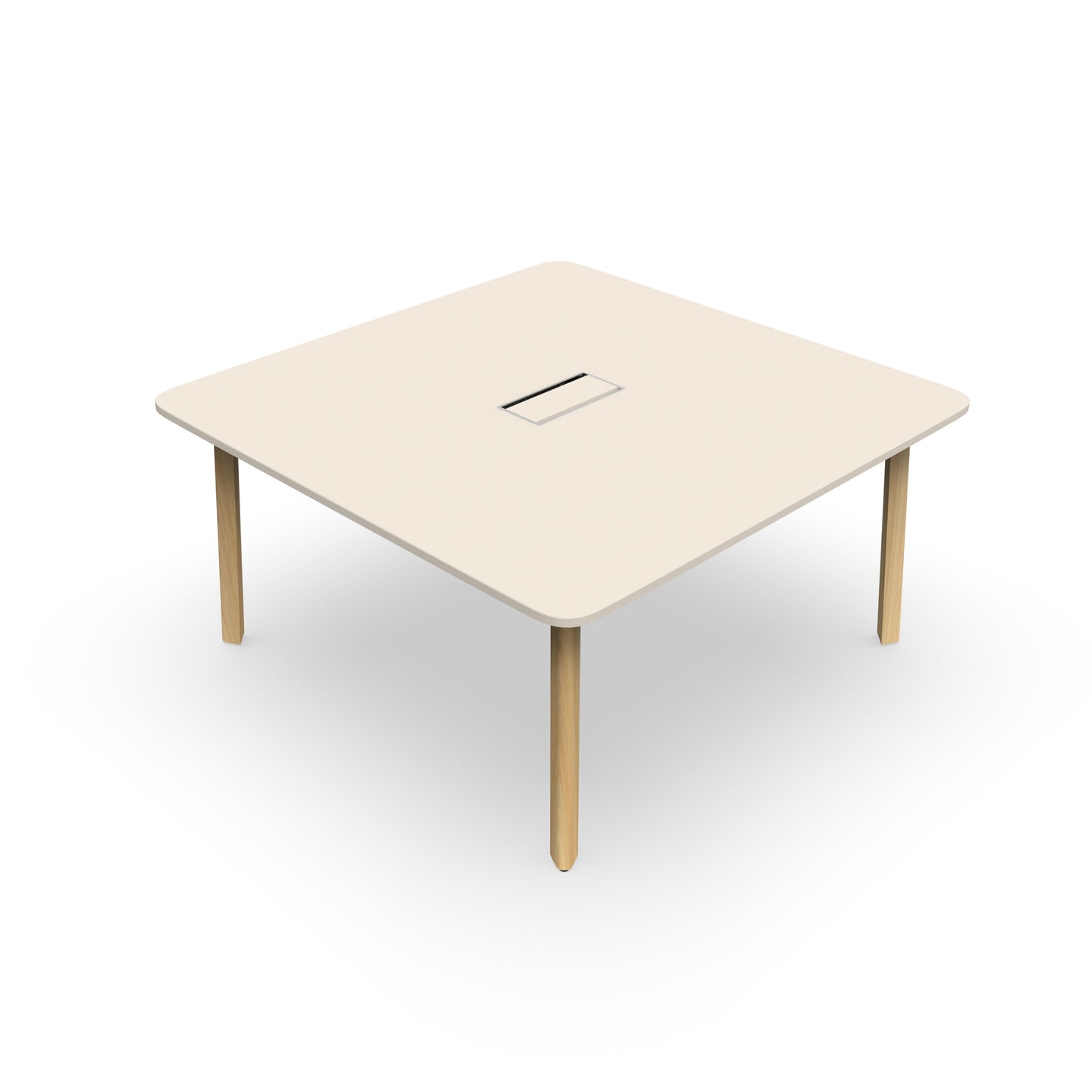 Table de réunion carrée Karl 150x150 cm avec plateau en mélamine finition Lin et piétement en chêne massif.