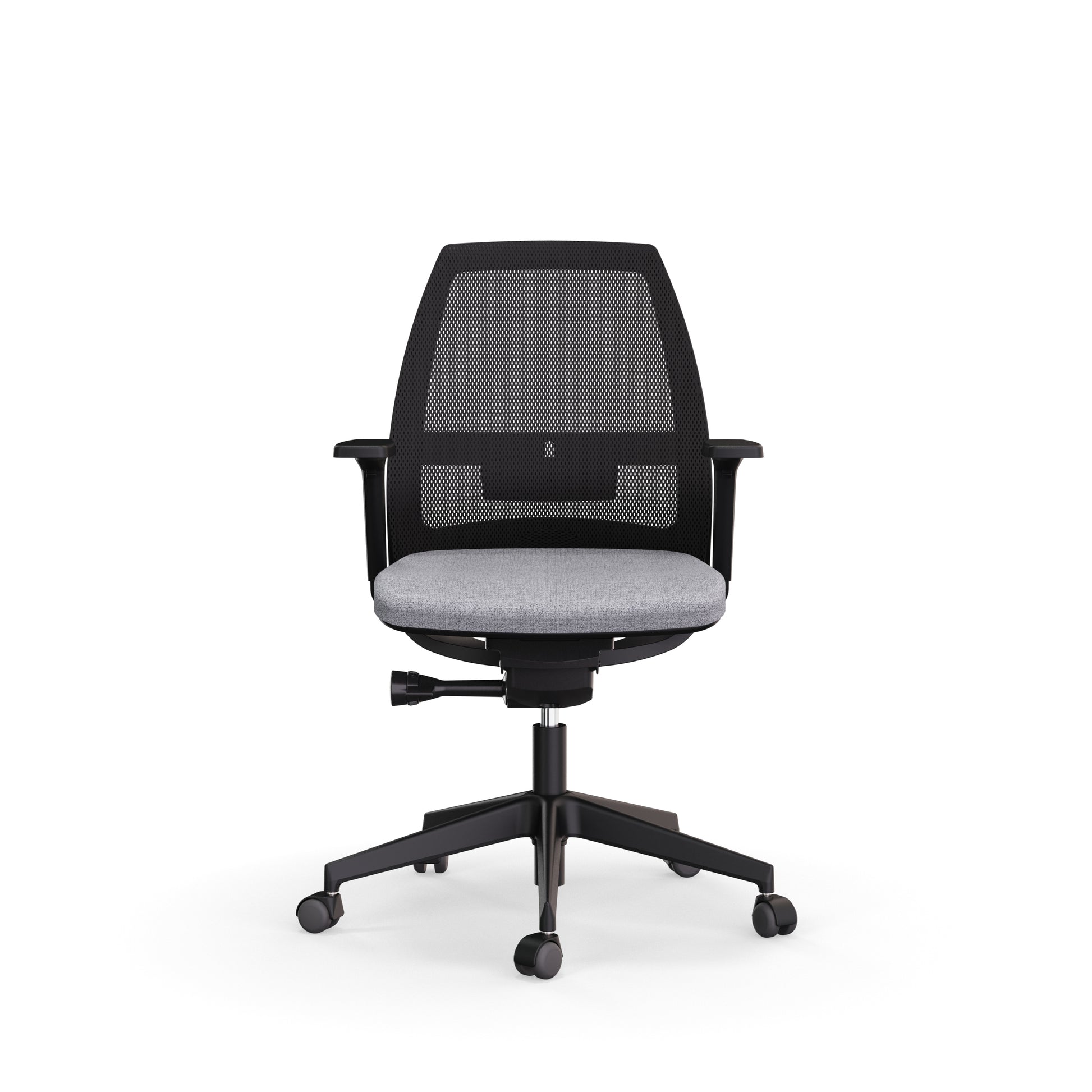 Fauteuil de bureau ergonomique Eliott avec dossier bas en résille, soutien lombaire intégré et accoudoirs 3D. Vue de face