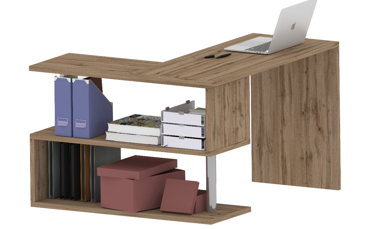 VOLTA Swivel Desk by Web Furniture. This flexible workstation rotates to switch between a straight console and an L-shaped corner unit, ideal for adapting to small or changing office layouts. Full shelves, laptop. Wotan oak.