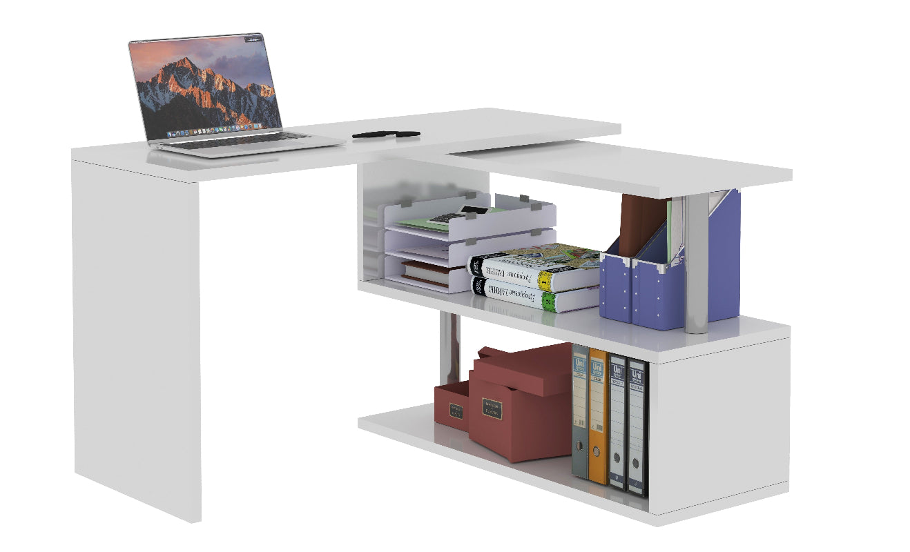 VOLTA Swivel Desk by Web Furniture. This flexible workstation rotates to switch between a straight console and an L-shaped corner unit, ideal for adapting to small or changing office layouts. Full shelves and laptop. Glossy white. 