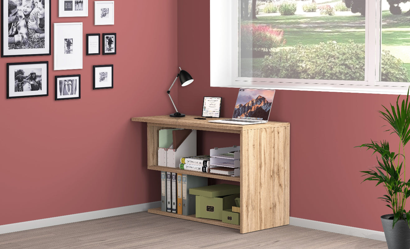 VOLTA Swivel Desk by Web Furniture. This flexible workstation rotates to switch between a straight console and an L-shaped corner unit, ideal for adapting to small or changing office layouts. Wotan oak.